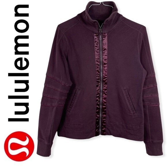 Lululemon Mogul Jacket Satin Ribbon Trim Elbows Quilted Moto Jacket Maroon 6 - Picture 2 of 16